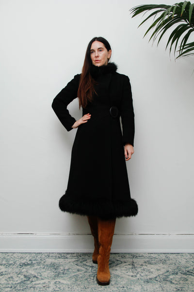 Vintage Black Gothic Winter Coat, 1970s Dramatic Fur Trim & Statement Buckle