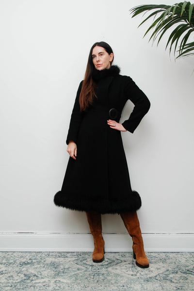 Vintage Black Gothic Winter Coat, 1970s Dramatic Fur Trim & Statement Buckle