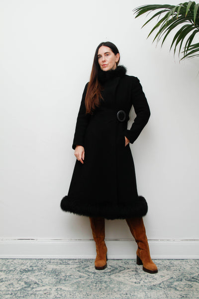 Vintage Black Gothic Winter Coat, 1970s Dramatic Fur Trim & Statement Buckle
