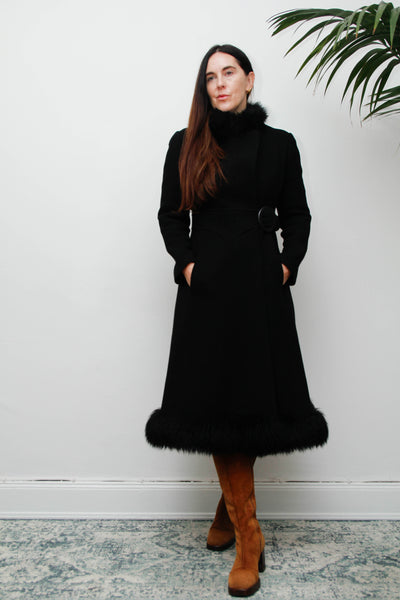 Vintage Black Gothic Winter Coat, 1970s Dramatic Fur Trim & Statement Buckle