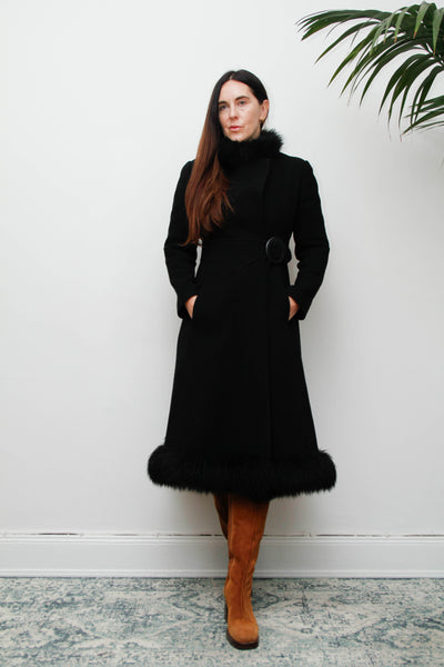 Vintage Black Gothic Winter Coat, 1970s Dramatic Fur Trim & Statement Buckle