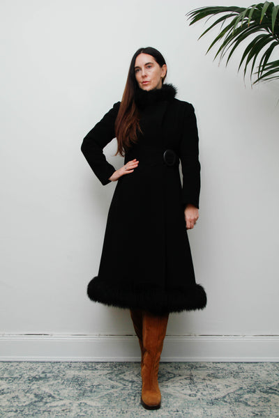 Vintage Black Gothic Winter Coat, 1970s Dramatic Fur Trim & Statement Buckle