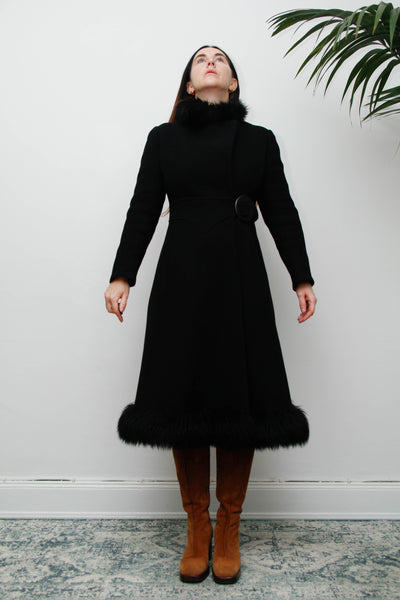 Vintage Black Gothic Winter Coat, 1970s Dramatic Fur Trim & Statement Buckle