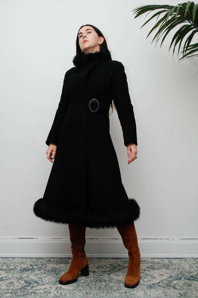 Vintage Black Gothic Winter Coat, 1970s Dramatic Fur Trim & Statement Buckle