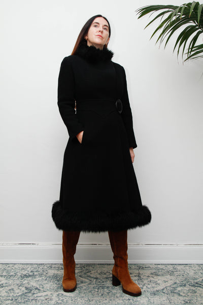 Vintage Black Gothic Winter Coat, 1970s Dramatic Fur Trim & Statement Buckle