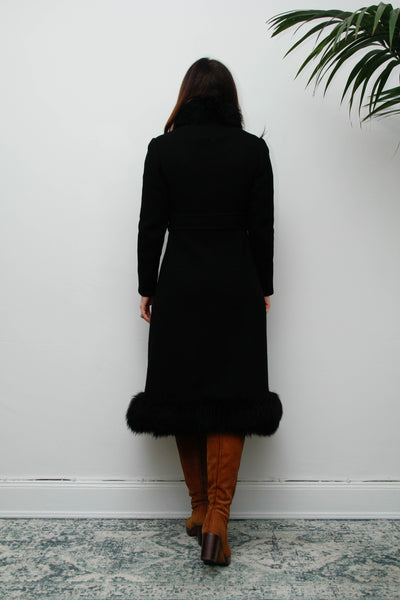 Vintage Black Gothic Winter Coat, 1970s Dramatic Fur Trim & Statement Buckle