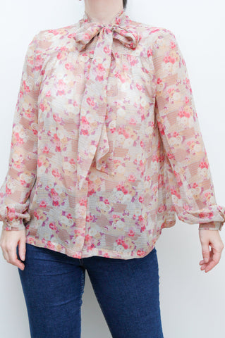 1970's Floral Prairie Pussy Bow Blouse