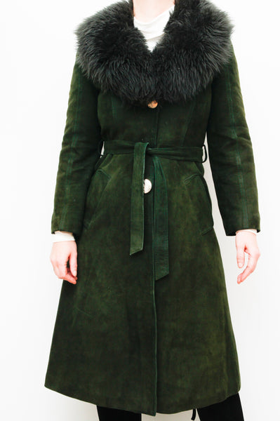 1970's Green Suede Penny Lane Sheepskin Trench Coat