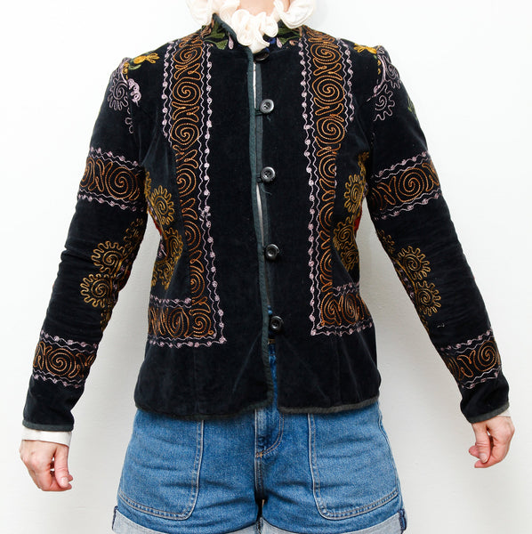 60's 70's Vintage Floral Velvet Black Blazer Jacket