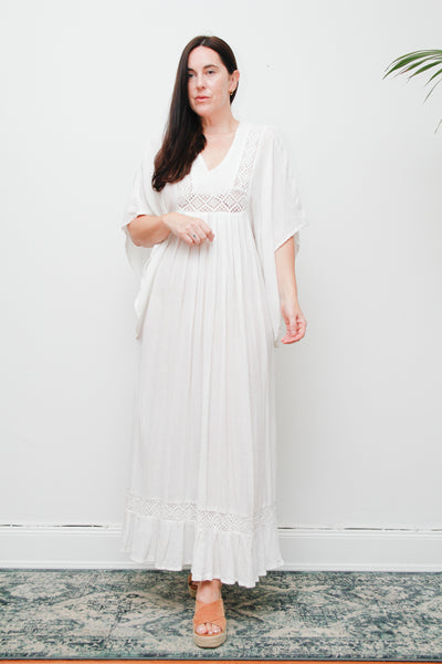 Vintage Cream Cotton Gauze Maxi Dress | Boho Lace Flounce Dress with Dramatic Sleeves – Ethereal 100% Cotton Gown