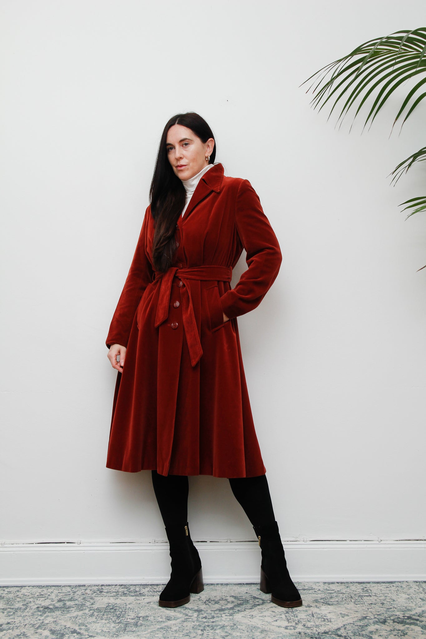 1970's Burnt Red Velvet Belted Trench Coat