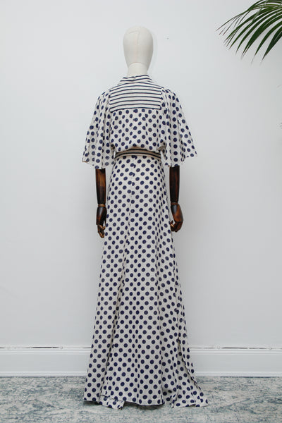 Vintage Cream Cotton Polka Dot Two-Piece Set – Cape Sleeve Blouse & High-Waisted Maxi Skirt