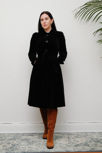 1970's Black Velvet Belted Trench Coat