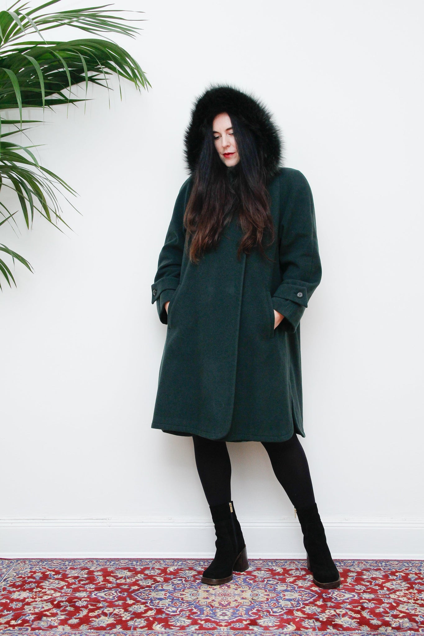 Vintage Cashmere Wool Green Hooded Fur Coat 1980’s