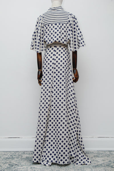 Vintage Cream Cotton Polka Dot Two-Piece Set – Cape Sleeve Blouse & High-Waisted Maxi Skirt