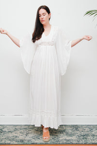 Vintage Cream Cotton Gauze Maxi Dress | Boho Lace Flounce Dress with Dramatic Sleeves – Ethereal 100% Cotton Gown