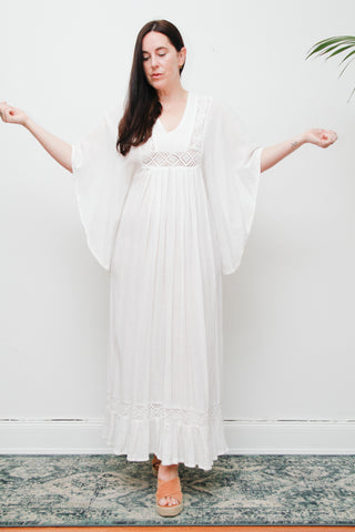 Vintage Cream Cotton Gauze Maxi Dress | Boho Lace Flounce Dress with Dramatic Sleeves – Ethereal 100% Cotton Gown
