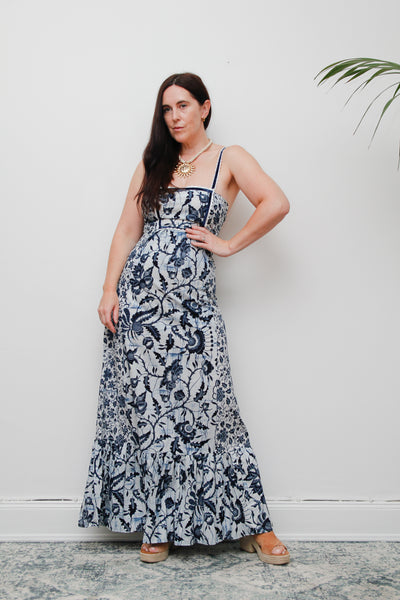 Vintage 1970s Blue & White Floral Cotton Maxi Dress – Bohemian Summer Style