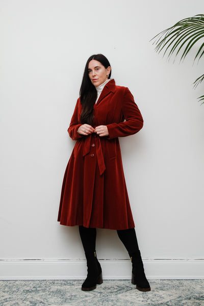 1970's Burnt Red Velvet Belted Trench Coat