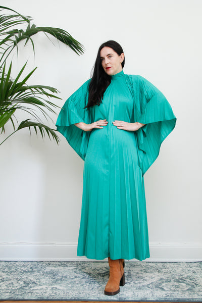 Frank Usher Pleated Accordion Green Kaftan Dress Rare