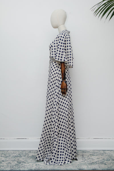 Vintage Cream Cotton Polka Dot Two-Piece Set – Cape Sleeve Blouse & High-Waisted Maxi Skirt