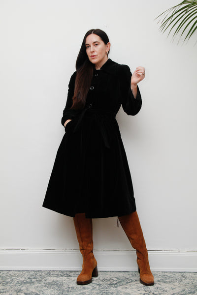 1970's Black Velvet Belted Trench Coat