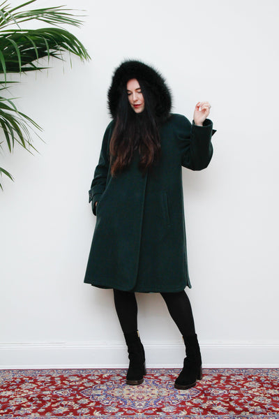 Vintage Cashmere Wool Green Hooded Fur Coat 1980’s