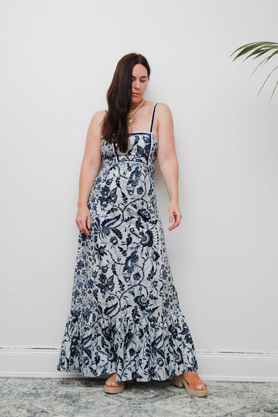 Vintage 1970s Blue & White Floral Cotton Maxi Dress – Bohemian Summer Style