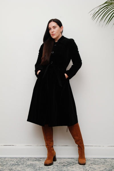 1970's Black Velvet Belted Trench Coat