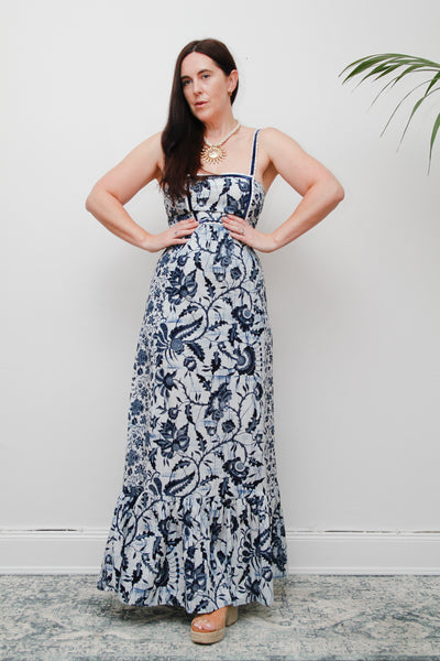 Vintage 1970s Blue & White Floral Cotton Maxi Dress – Bohemian Summer Style