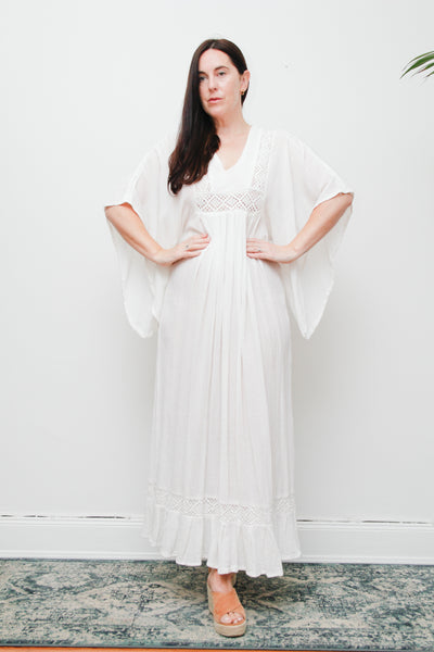 Vintage Cream Cotton Gauze Maxi Dress | Boho Lace Flounce Dress with Dramatic Sleeves – Ethereal 100% Cotton Gown