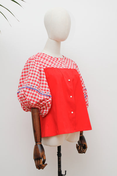 1970's Red Gingham Prairie Cotton Blouse
