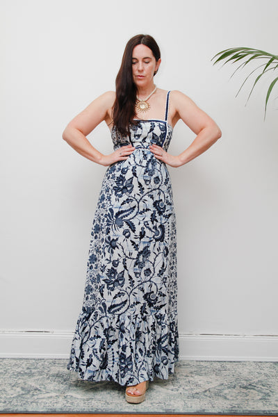 Vintage 1970s Blue & White Floral Cotton Maxi Dress – Bohemian Summer Style