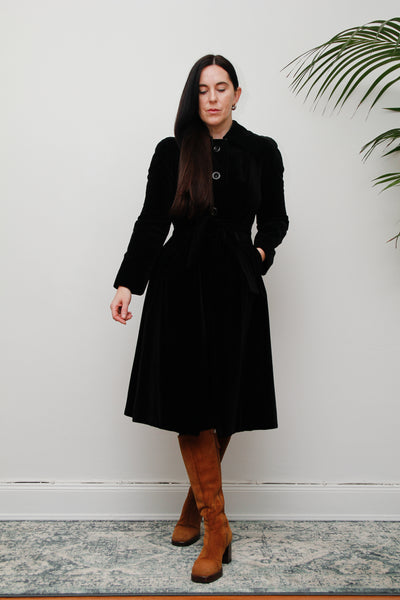 1970's Black Velvet Belted Trench Coat