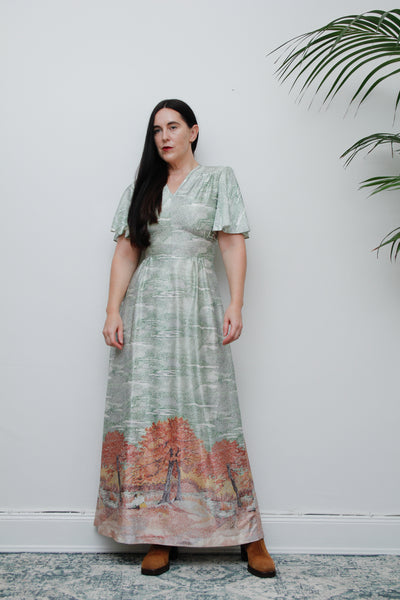 Vintage Autumnal Scenic Kaftan Maxi Dress