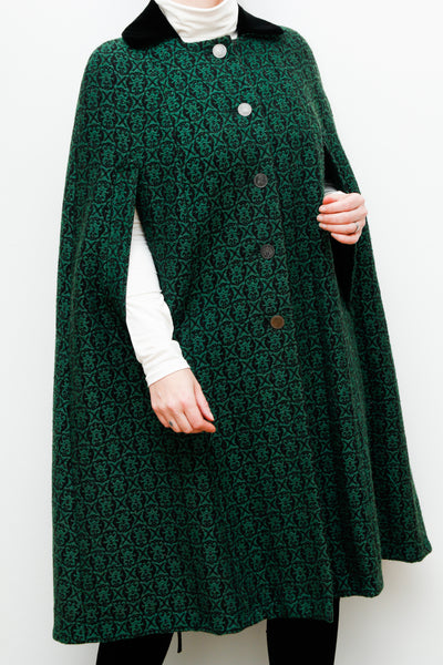 1970's Folklore Wool Green Dramatic Velvet Cape Rare