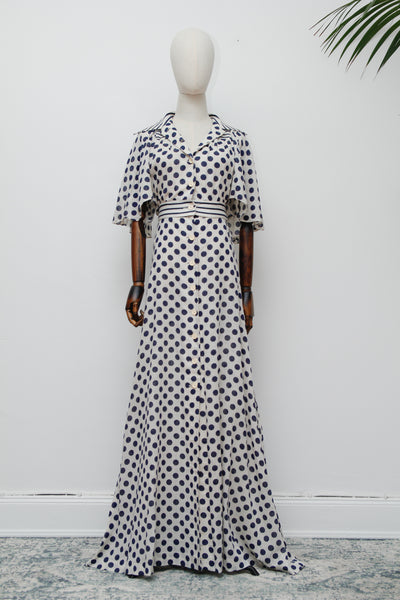 Vintage Cream Cotton Polka Dot Two-Piece Set – Cape Sleeve Blouse & High-Waisted Maxi Skirt