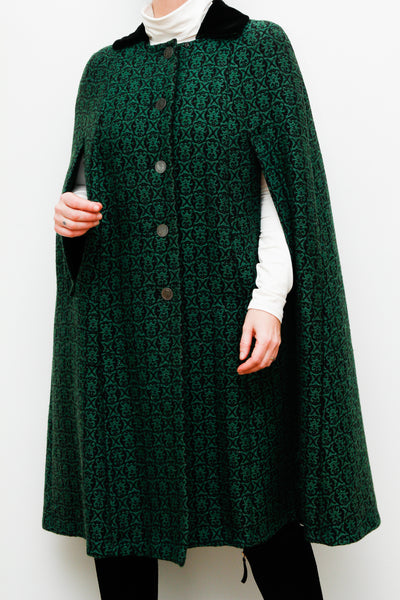 1970's Folklore Wool Green Dramatic Velvet Cape Rare