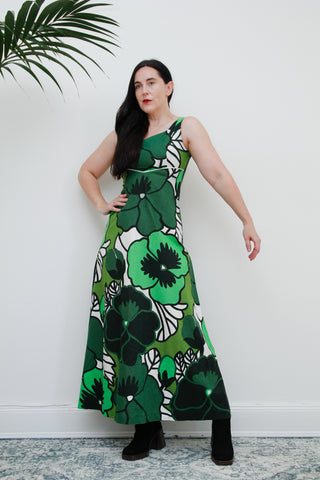 1970's Green Geo Floral Print Cotton Maxi Dress