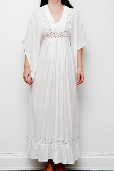 Vintage Cream Cotton Gauze Maxi Dress | Boho Lace Flounce Dress with Dramatic Sleeves – Ethereal 100% Cotton Gown
