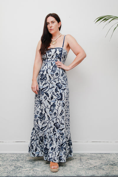 Vintage 1970s Blue & White Floral Cotton Maxi Dress – Bohemian Summer Style