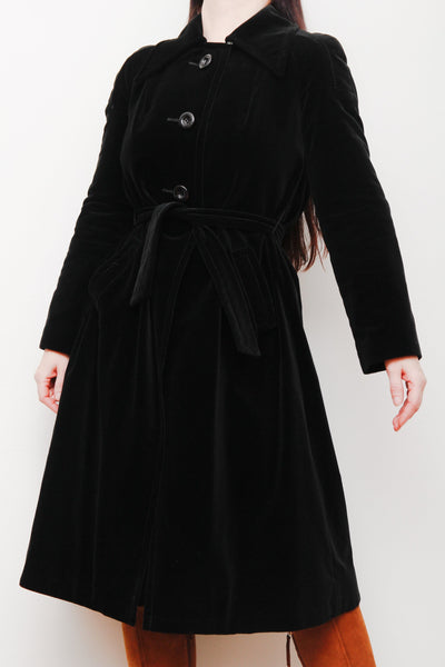 1970's Black Velvet Belted Trench Coat