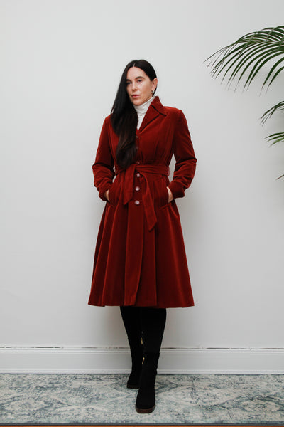 1970's Burnt Red Velvet Belted Trench Coat