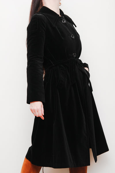 1970's Black Velvet Belted Trench Coat