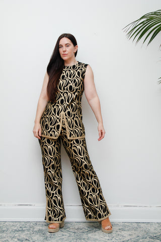 Original 1960s Black & Gold Flared Trouser Set – Vintage Two Piece with Tunic Top and Side Slit Pants