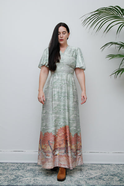 Vintage Autumnal Scenic Kaftan Maxi Dress