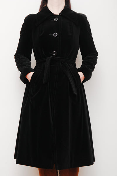 1970's Black Velvet Belted Trench Coat