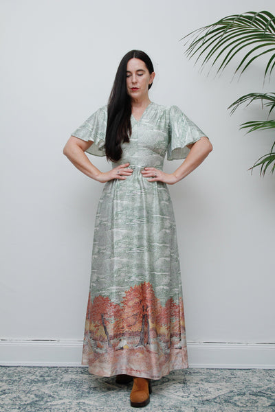 Vintage Autumnal Scenic Kaftan Maxi Dress