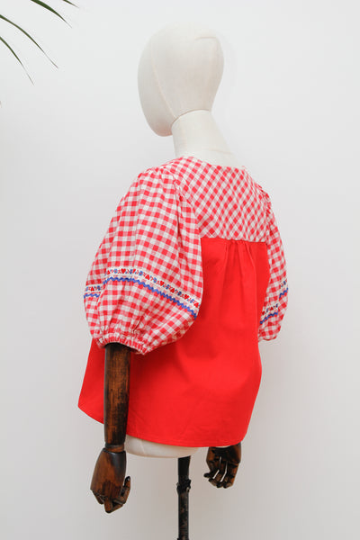 1970's Red Gingham Prairie Cotton Blouse