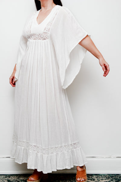 Vintage Cream Cotton Gauze Maxi Dress | Boho Lace Flounce Dress with Dramatic Sleeves – Ethereal 100% Cotton Gown